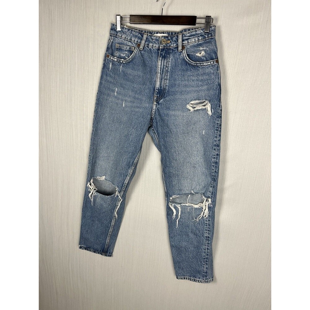 Zara Distressed High‎ Rise Mom Jeans Blue Medium Wash Denim Size 6